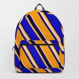 [ Thumbnail: Orange, Tan, Blue, and Black Colored Striped Pattern Backpack ]