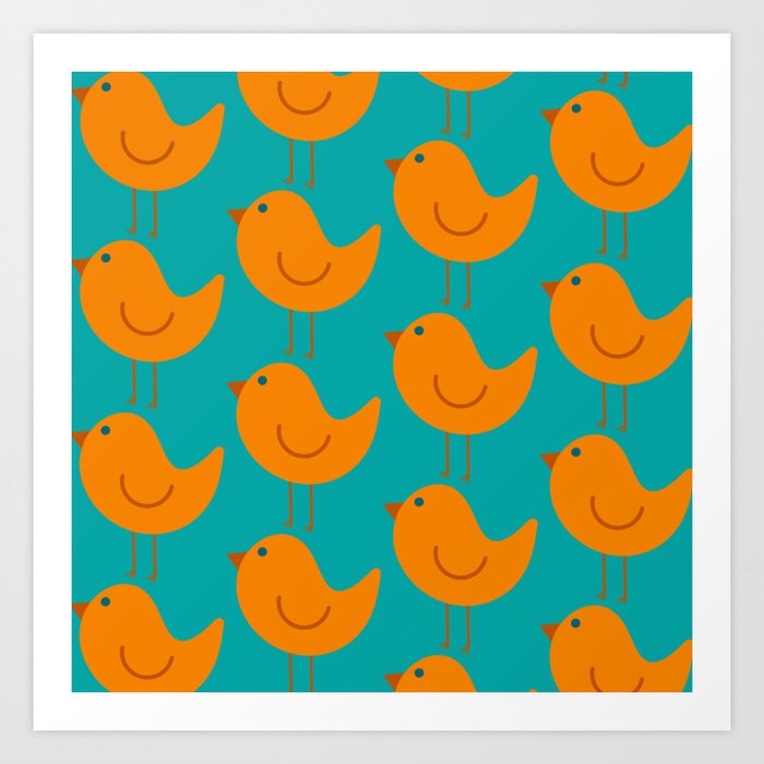 Birdies - Cute Bird Pattern in Orange, Rust, and Turquoise Art Print