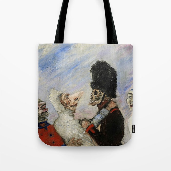 The beautiful wedding couple, a-hem, cough, cough; squelette arrêtant masques grotesque art portrait painting masks and ugly skeletons by James Ensor Tote Bag