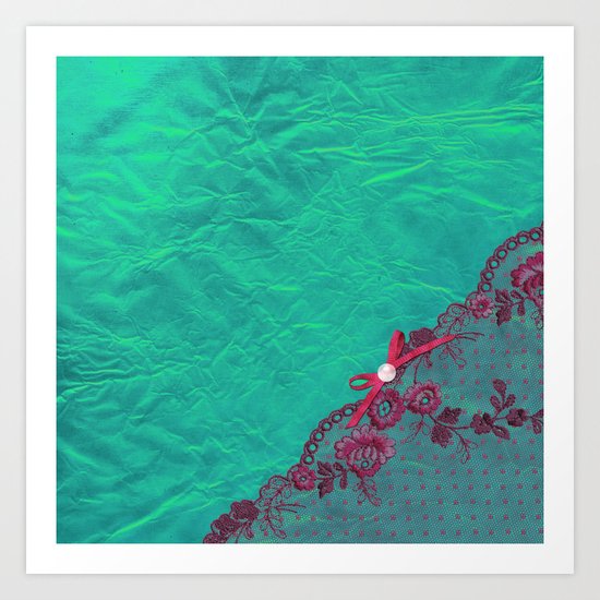 Claire´s treasure I - Pink lace,ribbon and pearl on aqua backround Art Print