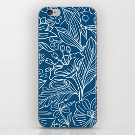 Leaves and flowers pattern on a dark blue background iPhone Skin