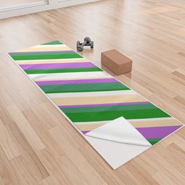 [ Thumbnail: Tan, Orchid, Sea Green, Green & White Colored Stripes/Lines Pattern Yoga Towel ]