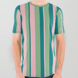 [ Thumbnail: Dark Sea Green, Pink & Teal Colored Lined/Striped Pattern All Over Graphic Tee ]