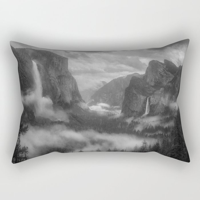 Mountains with morning mist and fog; waterfall alpine valley black and white photograph / photograph for home and wall decor Rectangular Pillow