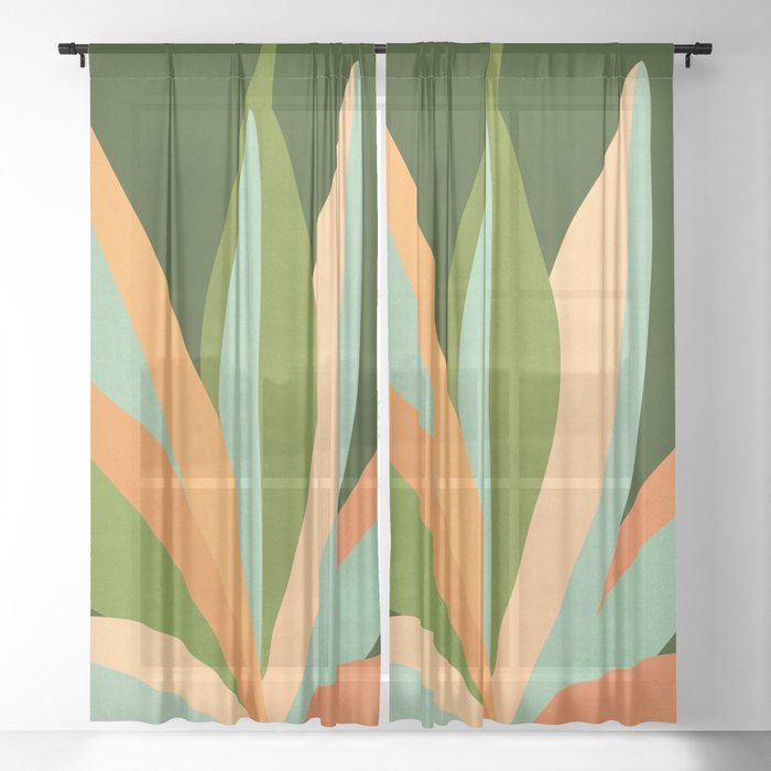 Colorful Agave Painted Cactus Illustration Sheer Curtain
