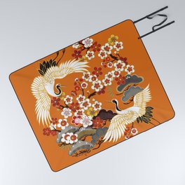 CRANES AND COLOR SAKURA. Colorful floral seamless pattern with flowers, japanese bird. Vintage traditional folk fashion ornament on Orange background. Picnic Blanket