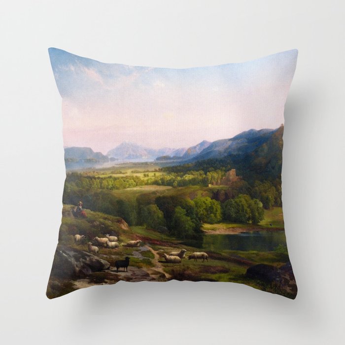 Shepherdess Watching Her Flock 1867 By Thomas Moran | Earthy Natural Scenic View Reproduction Throw Pillow