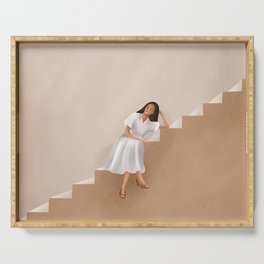 Girl Thinking on a Stairway Serving Tray