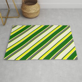 [ Thumbnail: Beige, Dim Gray, Dark Green & Yellow Colored Lined Pattern Rug ]