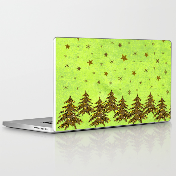 Sparkly Christmas Tree Stars Moon On Abstract Green Paper Laptop
