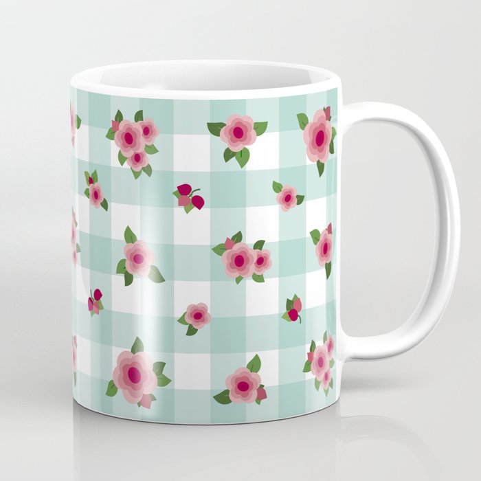 Pink Roses - aqua check Coffee Mug