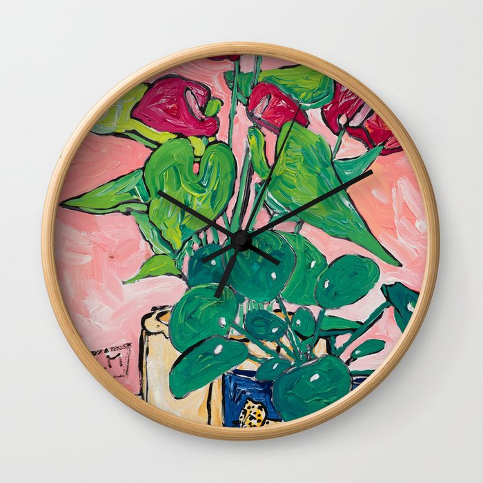 Houseplant Still Life Painting with Cheetah, Pilea, and Anthurium  Wall Clock
