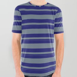 [ Thumbnail: Midnight Blue & Slate Gray Colored Lined Pattern All Over Graphic Tee ]