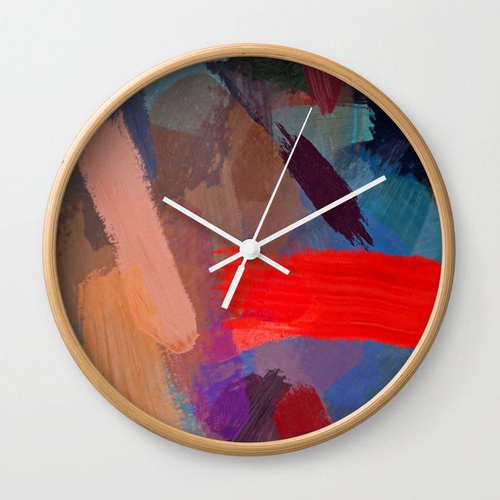 abstract splatter brush stroke painting texture background in red blue brown Wall Clock