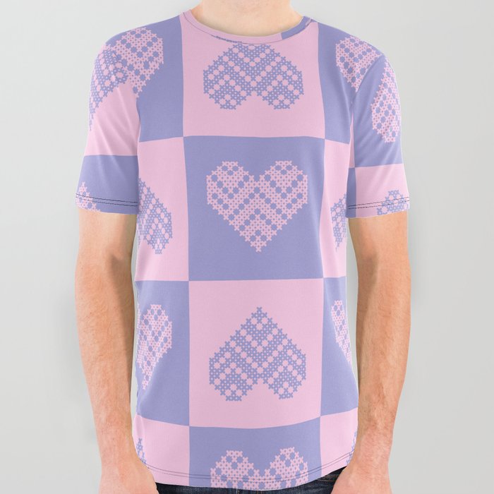 Stitched Cowhide Hearts on Checkered Pattern All Over Graphic Tee