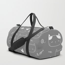 Grey and White Doodle Kitten Faces Pattern Duffle Bag