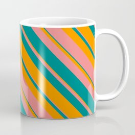 [ Thumbnail: Light Coral, Teal & Dark Orange Colored Striped Pattern Coffee Mug ]