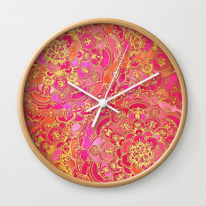 Hot Pink and Gold Baroque Floral Pattern Wall Clock