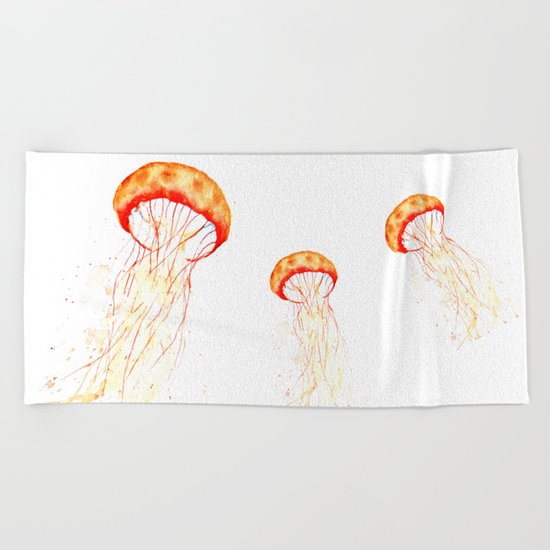orange jellyfish watercolor Beach Towel