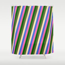 [ Thumbnail: Vibrant Dark Olive Green, Beige, Royal Blue, Hot Pink, and Dark Green Colored Lines Pattern Shower Curtain ]