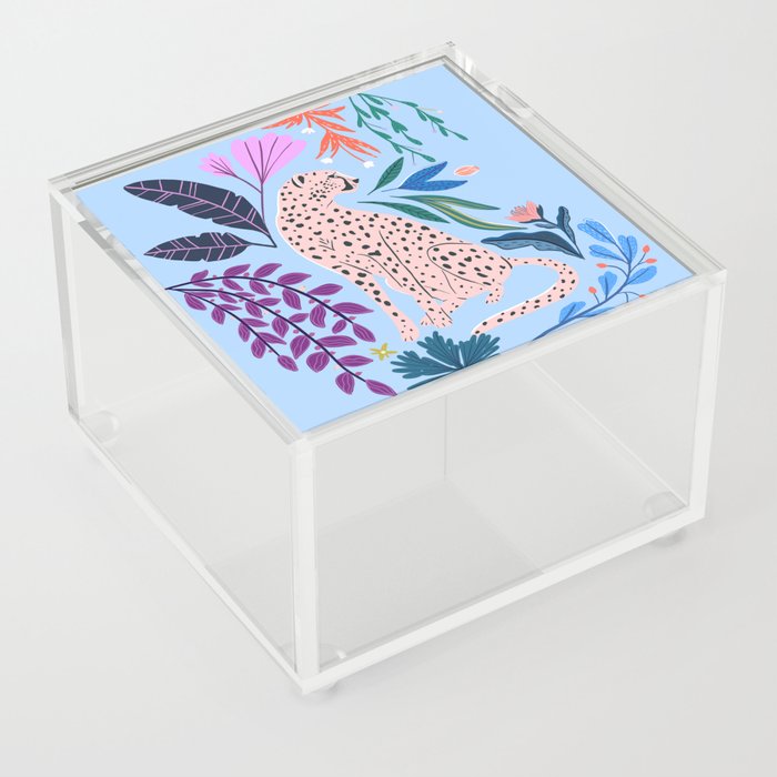 Blush pink Cheetah in jungle florals / jungle cat print /modern art Acrylic Box