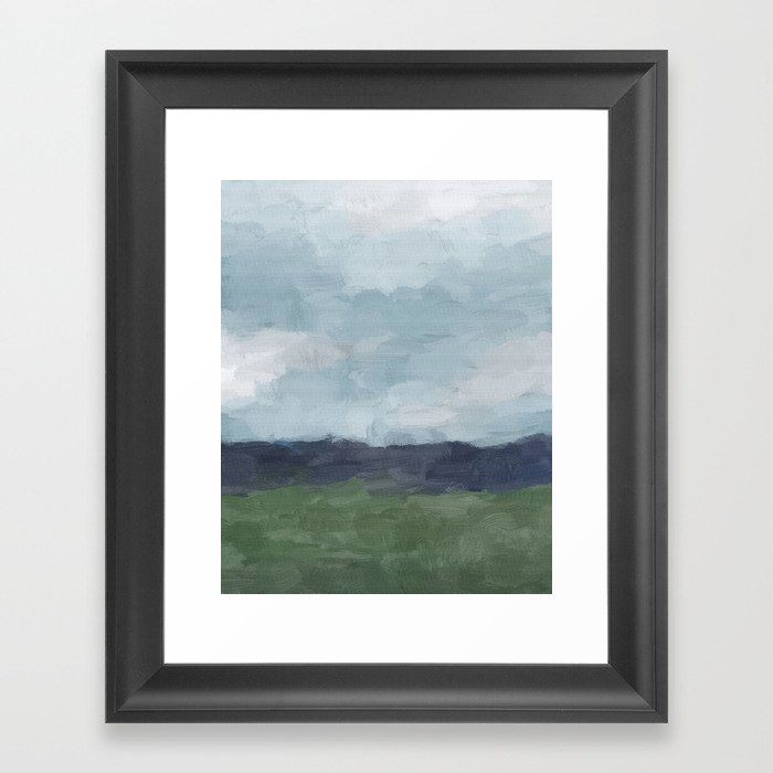 Driving to the Valley - Rainy Blue Skies Navy Indigo Horizon Green Grass Abstract Nature Farmhouse Framed Art Print