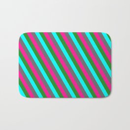 [ Thumbnail: Dim Gray, Deep Pink, Forest Green & Cyan Colored Stripes/Lines Pattern Bath Mat ]