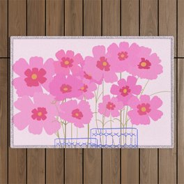 Pink Cosmos Flowers Modern Floral Still Life Outdoor Rug