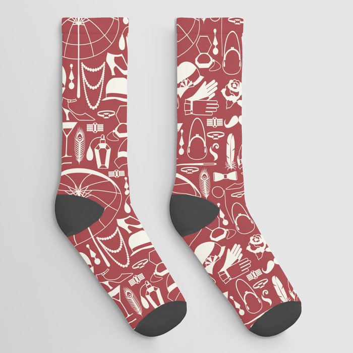 White Old-Fashioned 1920s Vintage Pattern on Victorian Red Socks