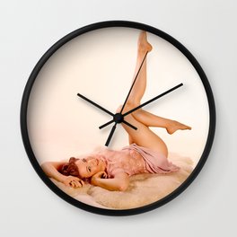 "Kicking Back" - The Playful Pinup - Sexy Pin-up Girl on Fur Rug by Maxwell H. Johnson Wall Clock