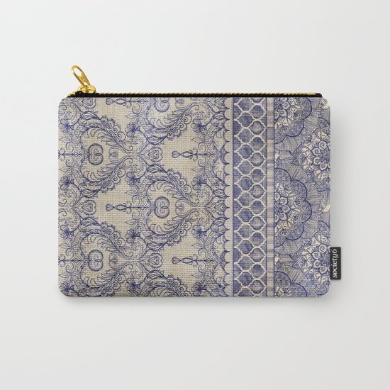 Vintage Wallpaper - hand drawn patterns in navy blue & cream Carry-All Pouch