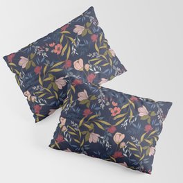 Magnolias with Springtime Botanicals in Pink and Navy Pillow Sham