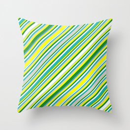 [ Thumbnail: Eyecatching Yellow, Forest Green, Mint Cream, Light Sea Green, and Light Grey Colored Lined Pattern Throw Pillow ]