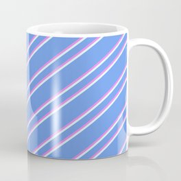 [ Thumbnail: Cornflower Blue, Violet, and Light Cyan Colored Lined Pattern Coffee Mug ]