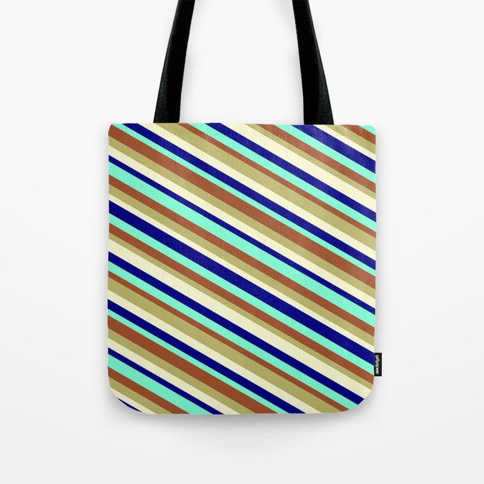 Eye-catching Sienna, Dark Khaki, Light Yellow, Blue, and Aquamarine Colored Striped/Lined Pattern Tote Bag