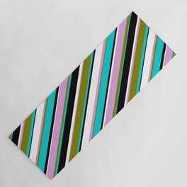 [ Thumbnail: Colorful Plum, Green, Dark Turquoise, Black, and White Colored Lined/Striped Pattern Yoga Mat ]