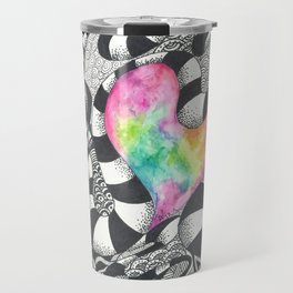 Watercolor Heart with Black and White Doodles Travel Mug
