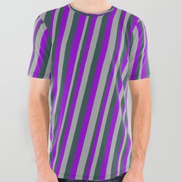 [ Thumbnail: Dark Violet, Dark Gray, and Dark Slate Gray Colored Striped Pattern All Over Graphic Tee ]