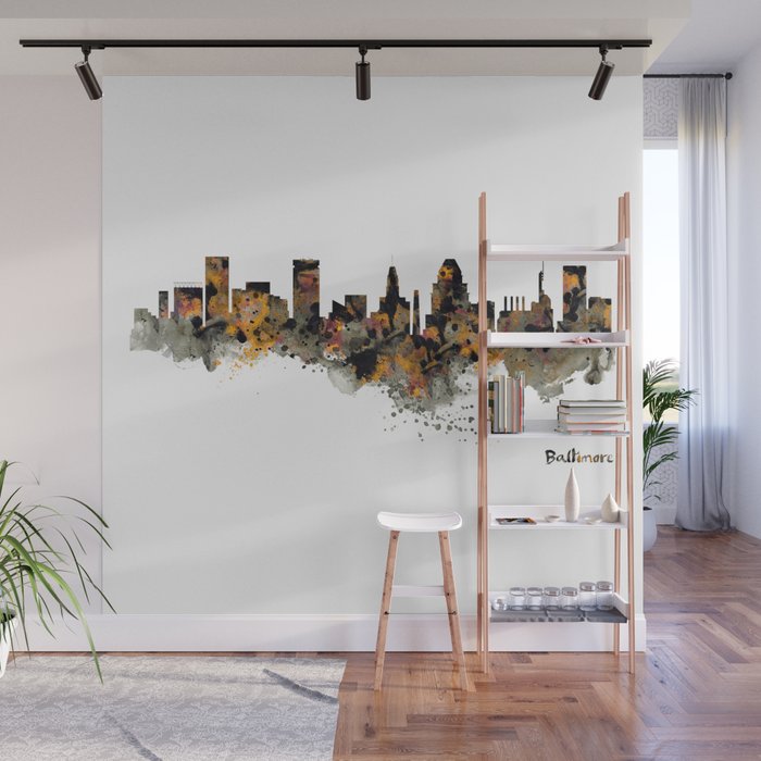 Baltimore Watercolor Skyline Wall Mural