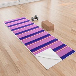 [ Thumbnail: Deep Pink, Beige, Purple, Dark Blue, and Orchid Colored Stripes Pattern Yoga Towel ]