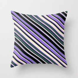 [ Thumbnail: Dark Slate Gray, Beige, Purple & Black Colored Lined Pattern Throw Pillow ]