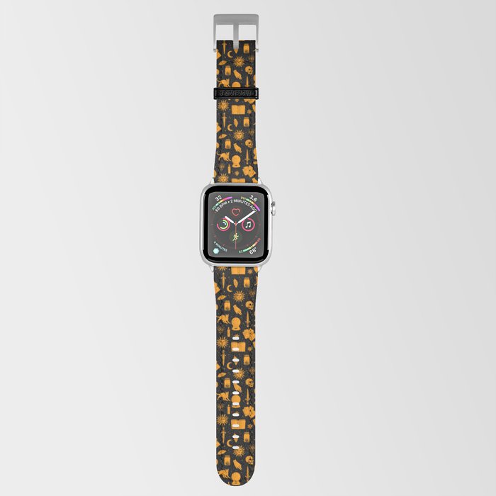 Small Bright Dayglo Orange Halloween Motifs Skulls, Spells & Cats on Spooky Black Apple Watch Band