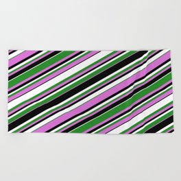 [ Thumbnail: Forest Green, Orchid, Black & White Colored Striped/Lined Pattern Beach Towel ]