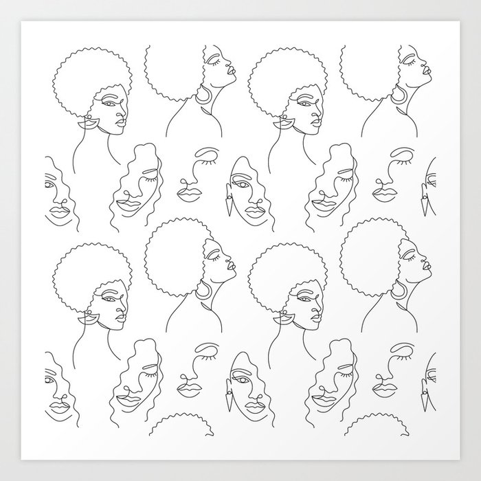African woman in a line art style. Seamless pattern. Art Print