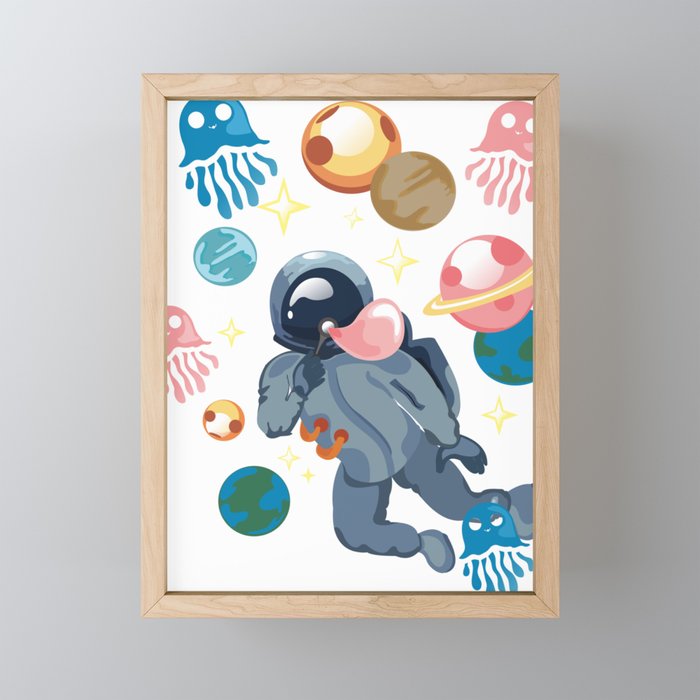 Cool Funny Floating Space Astronaut with Jellyfish Framed Mini Art Print