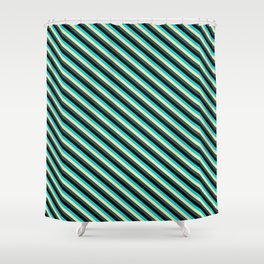 [ Thumbnail: Dark Turquoise, Pale Goldenrod, Dark Slate Gray, and Black Colored Lines Pattern Shower Curtain ]