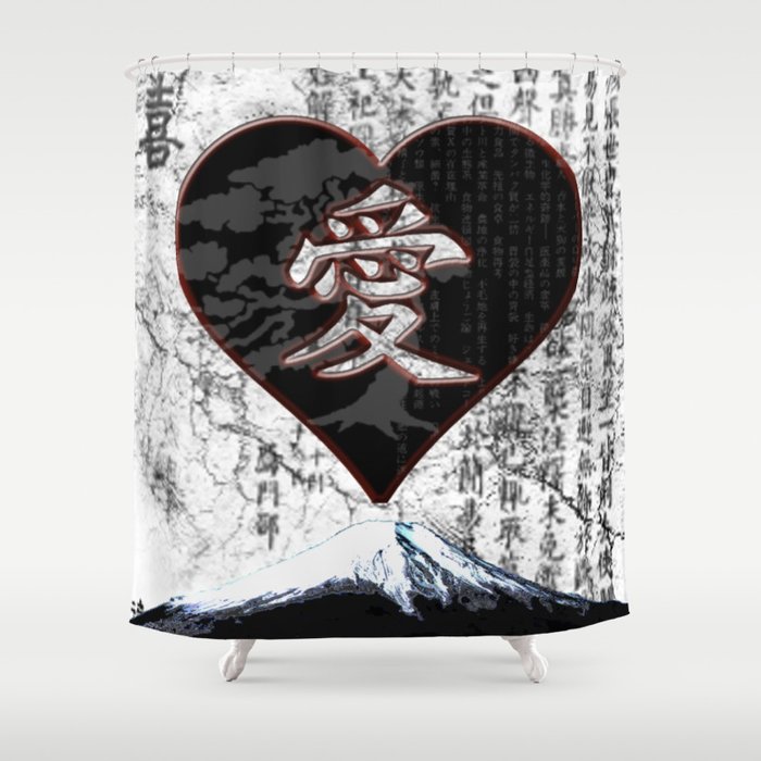 Love In Japanese Kanji With Mount Fuji Bonsai Tree Heart Shower Curtain By Beachbumpics Society6