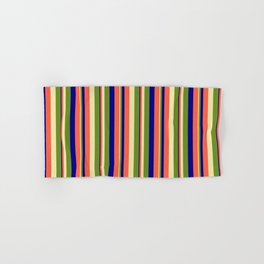 [ Thumbnail: Pale Goldenrod, Green, Dark Blue & Red Colored Stripes/Lines Pattern Hand & Bath Towel ]