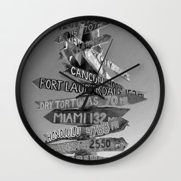 Key West Wooden Directional - Destination Signs: London, Paris, New York, Honolulu, New Orleans black and white photograph Wall Clock