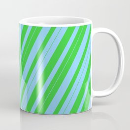 [ Thumbnail: Light Sky Blue & Lime Green Colored Lines Pattern Coffee Mug ]